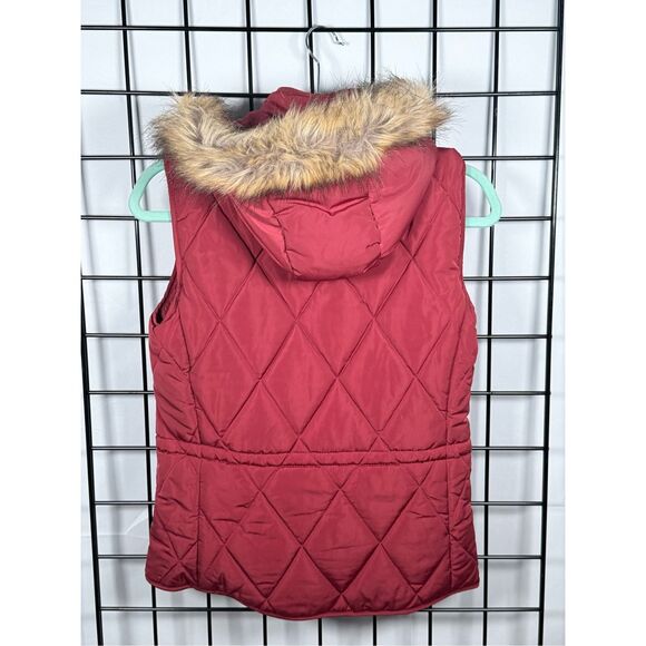 Zara Quilted Vest Womens S Red Faux Fur Removable Hood Puffer Winter Gorpcore - Picture 3 of 10